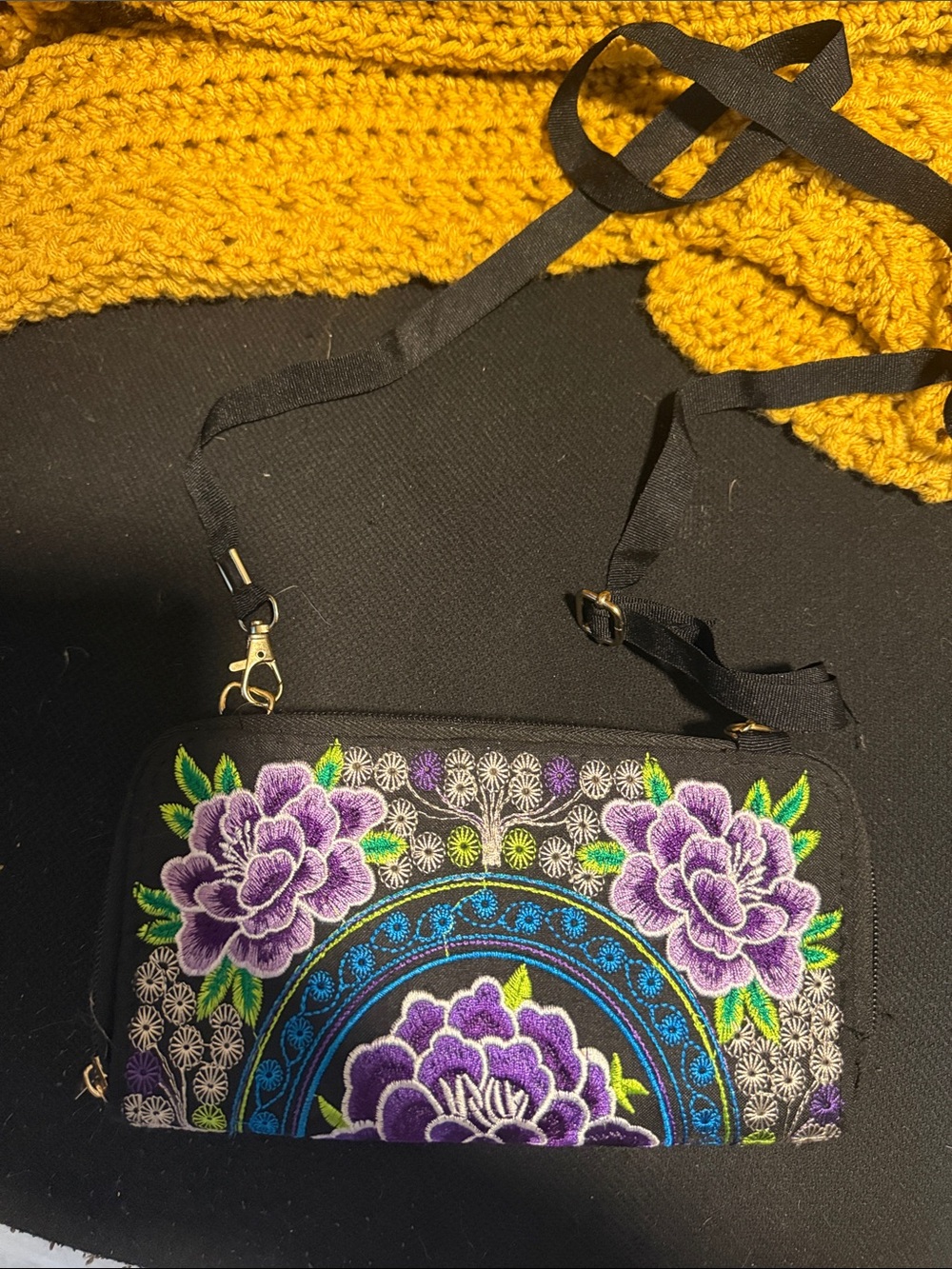 Embroidered Purple Floral Crossbody Bag - Black